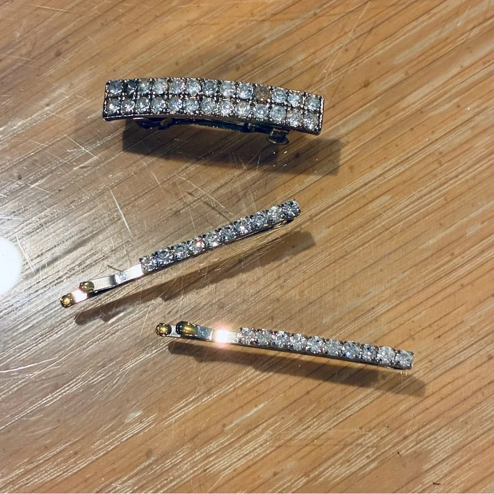 Vintage Rhinestone Hair Accessories Set: hair Barrette, 2 rhinestone hair pins